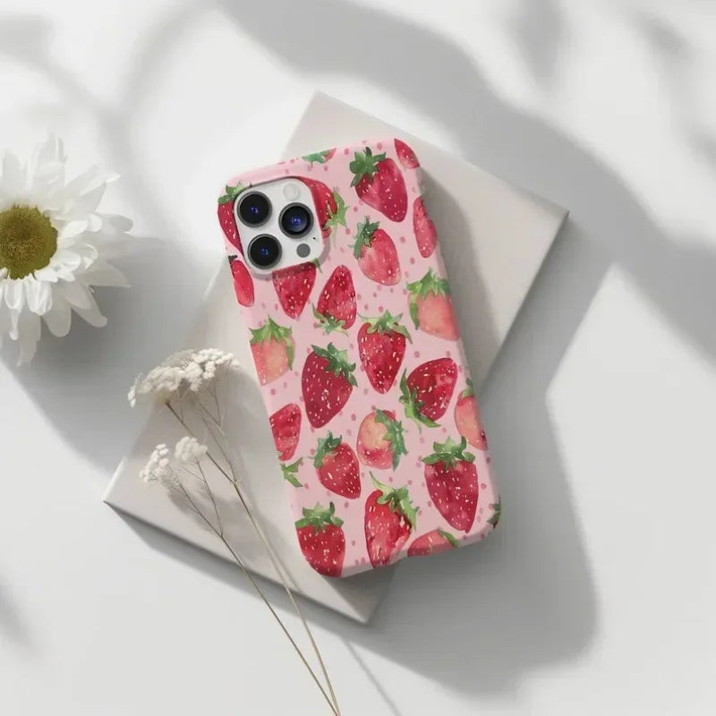 Cute Phone Cases For iPhone 16ProMax 15 14 13 12 11 PRO Plus - Watercolor Strawberry Pattern - Acrylic TPU Cover