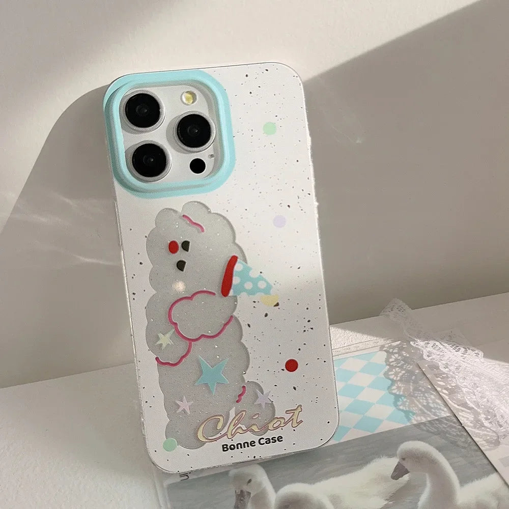 Cute Phone Cases For iPhone 16, 15, 14, 13, 12, 11 Pro Max, 15 Plus - Glitter Lazy Party Puppy - Transparent Cover - IC4011