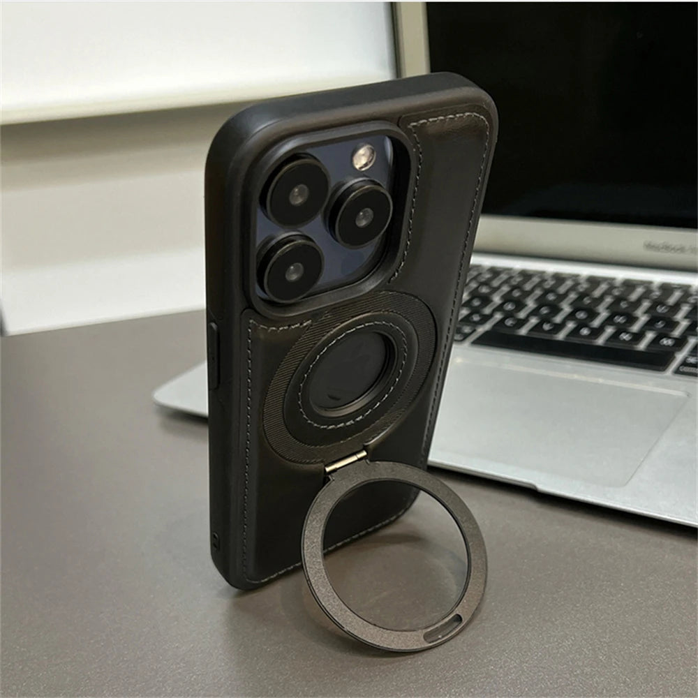 Cute Phone Cases for iPhone 16, 15, 14, 13, and 12 Pro Max - Magnetic Stand Ring, PU Leather Hollow Logo Cover - TSP426