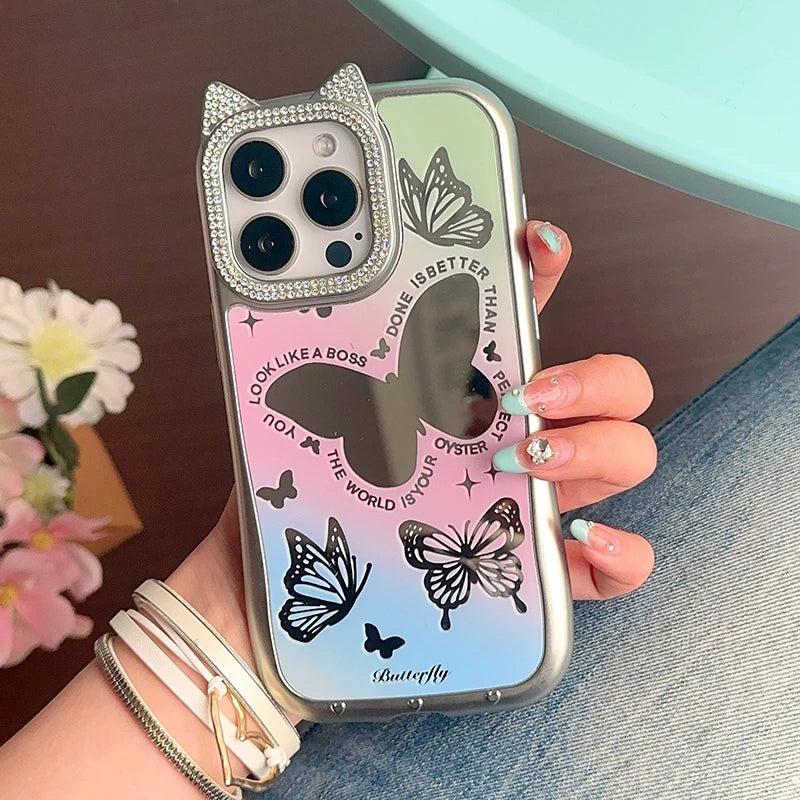 Cute Phone Cases: Lovely Butterfly Silver Mirror Back Cover with Cat Ears for iPhone 11-15 Pro Max - TSP288