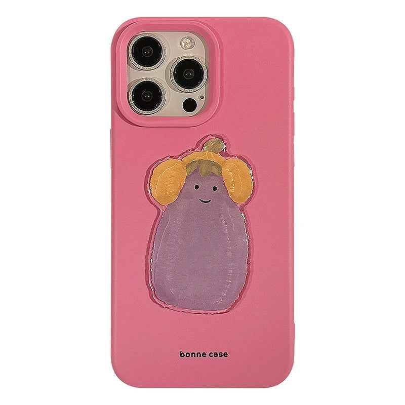 Cute Phone Cases For iPhone 16, 15, 13, 14, 12 Pro Max, 16 Plus - 3D Eggplant with Happy Smile - PC5210 - Touchy Style