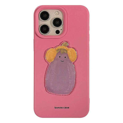 Cute Phone Cases For iPhone 16, 15, 13, 14, 12 Pro Max, 16 Plus - 3D Eggplant with Happy Smile - PC5210 - Touchy Style