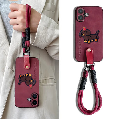 Cute Phone Cases for iPhone 16, 15, 14, 13, 11, 12, Pro Max, Plus, Xs Max, and XR with Wrist Chain or lanyard - 3D Embroidery Dog - TSP489