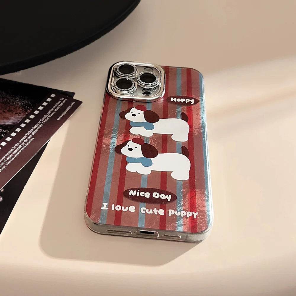 Cute Phone Cases For iPhone 16, 15, 14, 13, 12, 11 Pro Max, 16 Plus - Cartoon Puppy - Stripes Art - Bell Plush Ball Pendant - CC1240