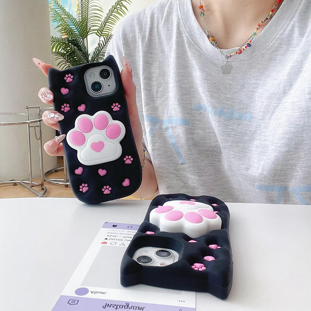 Cute Phone Cases: 3D Cat Paw Silicone Case with Stand for iPhone 15/14/13/12 Pro Max - TSP310