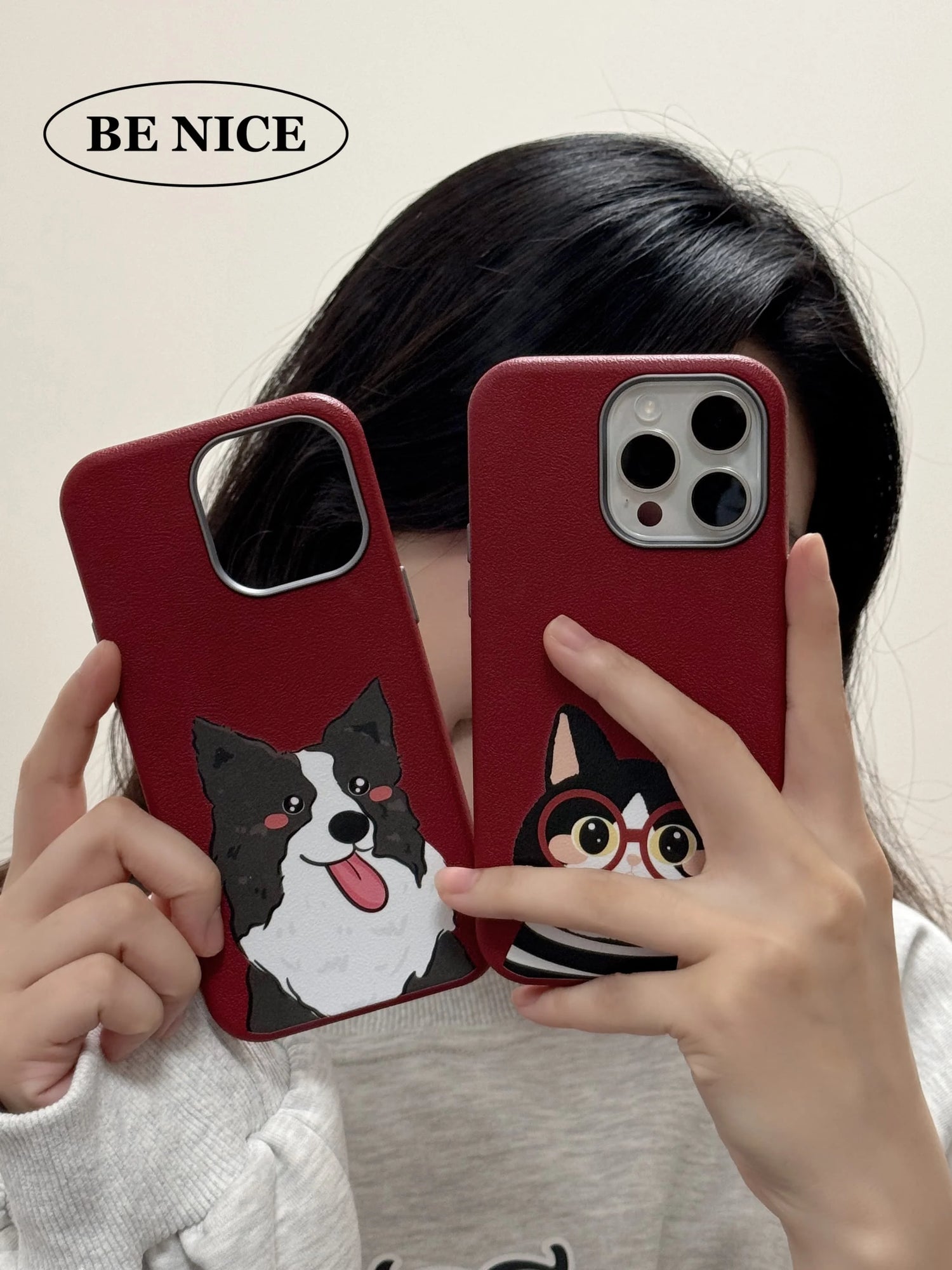 Cute Phone Cases For iPhone 16, 15, 14, 13 Pro Max - Cartoon Cat &amp; Dog Leather Texture Cover - Metal Lens Frame - PC1530