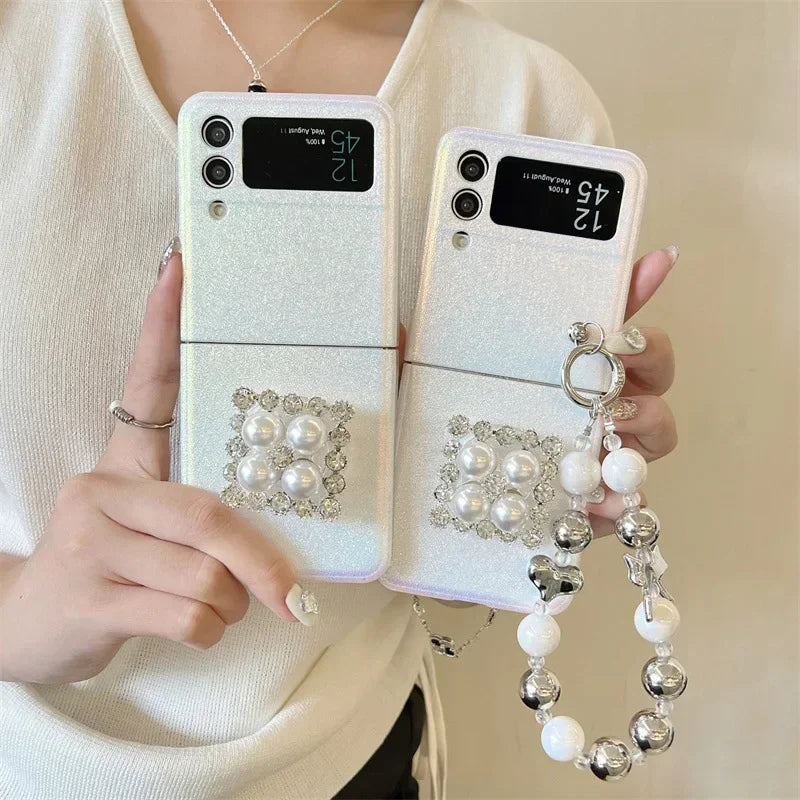 Cute phone Cases For Galaxy Z Flip 5 3 4 - Luxury Pearl Rhinestone Glitter Laser Cover with Wristchain - C5220 - Touchy Style