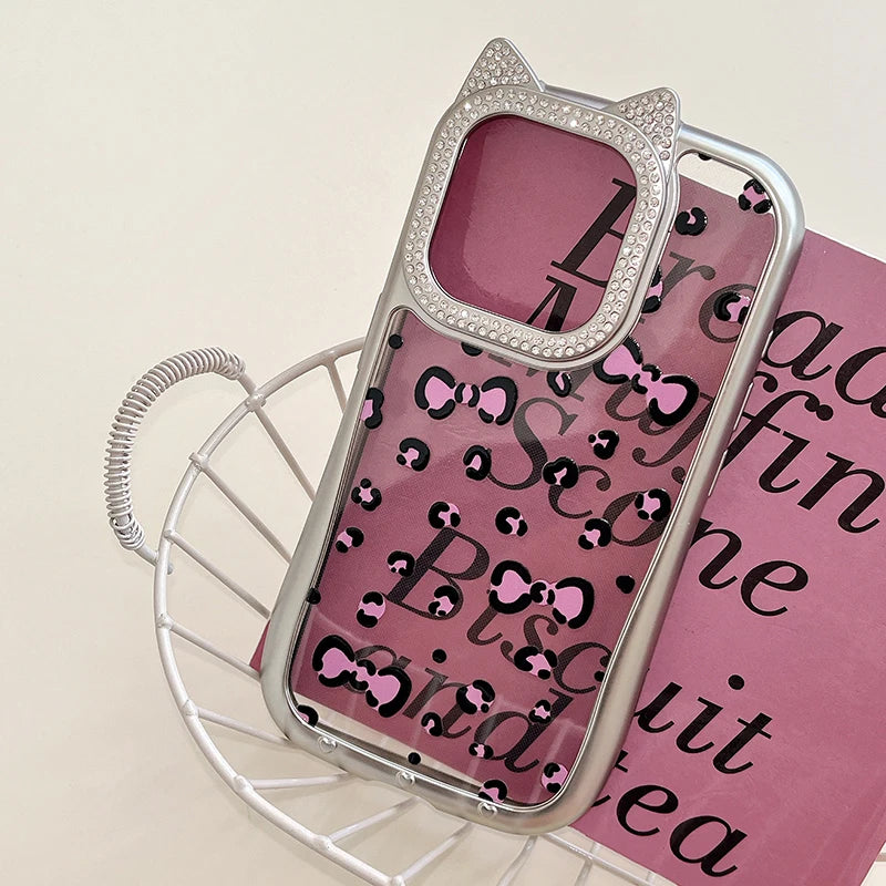 Cute Phone Cases: Leopard Bowknot Cat Ear Silver Case for iPhone 15/14/13/12 Pro Max - TSP313