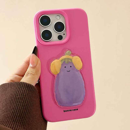 Cute Phone Cases For iPhone 16, 15, 13, 14, 12 Pro Max, 16 Plus - 3D Eggplant with Happy Smile - PC5210 - Touchy Style