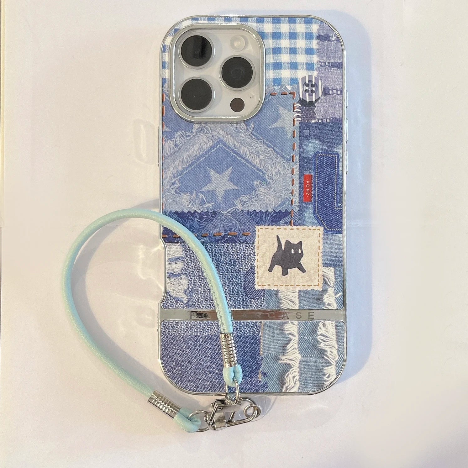 Cute Phone Cases For iPhone 16, 15, 14, 13 Pro Max - Splicing Denim Cloth Little Cat Pattern - Back Cover with Wrist Strap - PC6320