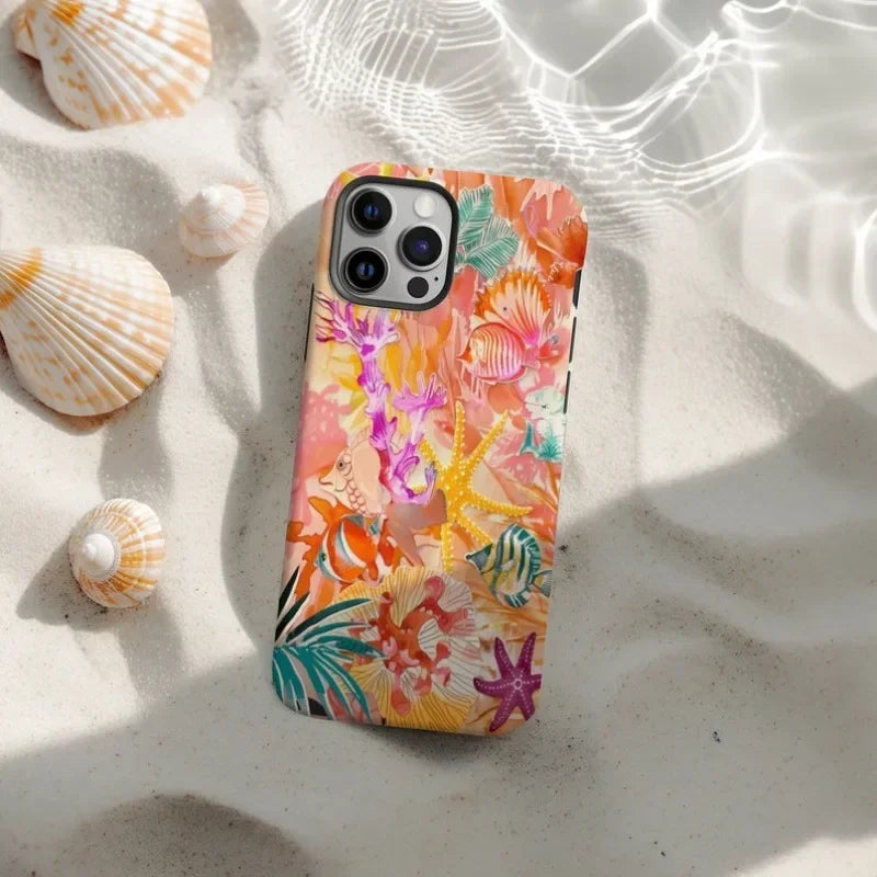 Cute Phone Cases For iPhone 16ProMax, 15, 14, 13, 12, 11 PRO, 11 Plus - Seashell Beach Collage - Acrylic TPU Cover - IC3210