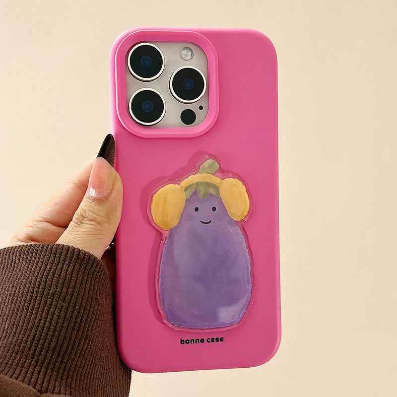 Cute Phone Cases For iPhone 16, 15, 13, 14, 12 Pro Max, 16 Plus - 3D Eggplant with Happy Smile - PC5210 - Touchy Style