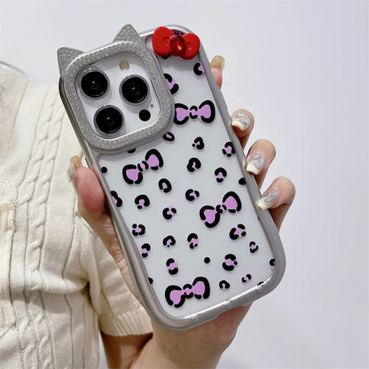 Cute Phone Cases: Leopard Bowknot Cat Ear Silver Case for iPhone 15/14/13/12 Pro Max - TSP313