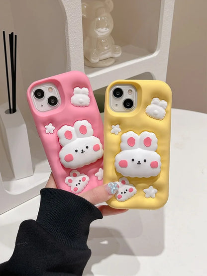 Cute Phone Cases - 3D Rabbit Folding Silicone Stand Cover for iPhone 15/14/13/12/11 Pro Max - TSP286