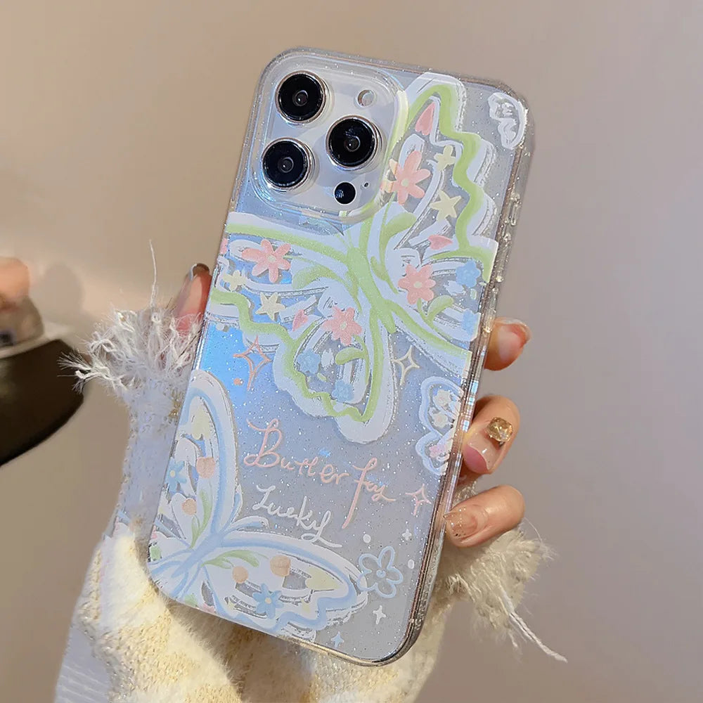 Cute Phone Cases For iPhone 16, 15, 14, 13, 12 Pro Max, 15, 14 Plus - Fairy Glitter Green Butterfly - Transparent Cover - IC1420