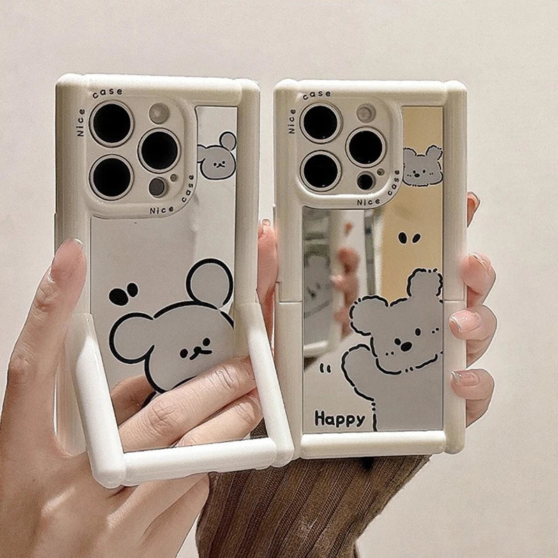 Cute Phone Cases - White Puppy Dog Makeup Mirror with Kickstand for iPhone 11-15 Pro Max - TSP297