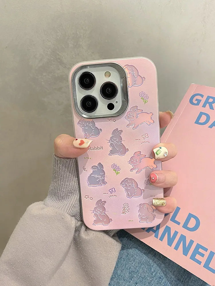 Cute Phone Cases For iPhone 11, 12, 13, 14, and 15 Pro Max - Hollowed Out Rabbit - Pink Laser Cover - TSP269