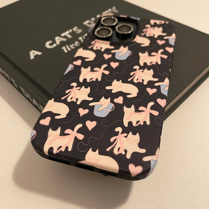 Cute Phone Cases For iPhone 15PRO MAX, 14, 13, 12, 11 PRO, 11 Plus, 15pro - Black Bowknot Cat Pattern - Acrylic TPU Cover - IC4010