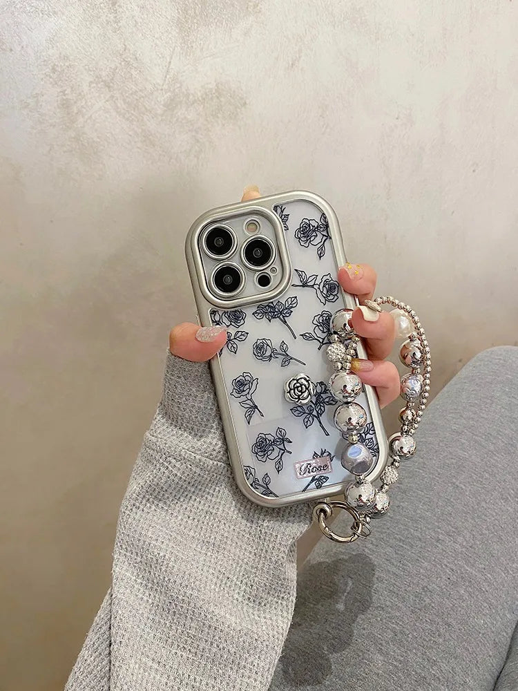 Cute Phone Cases: 3D Black Rose Flowers Silver Bumper Clear Back Cover for iPhone 11-15 Pro Max - TSP312