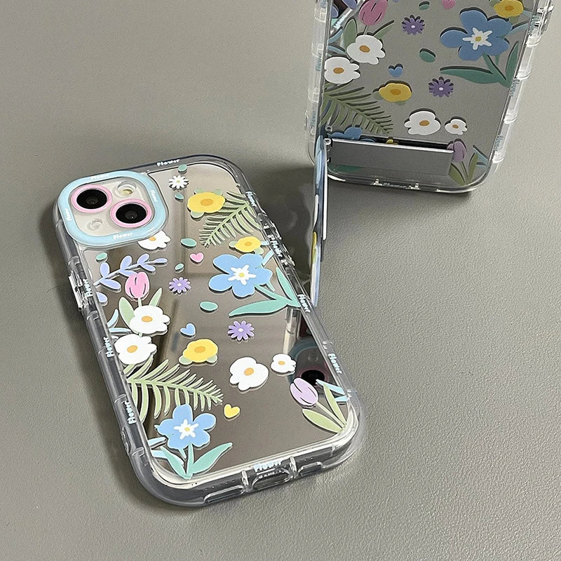 Cute Phone Cases - Floral Makeup Mirror with Stand for iPhone 15/14/13/12 Pro Max - TSP287