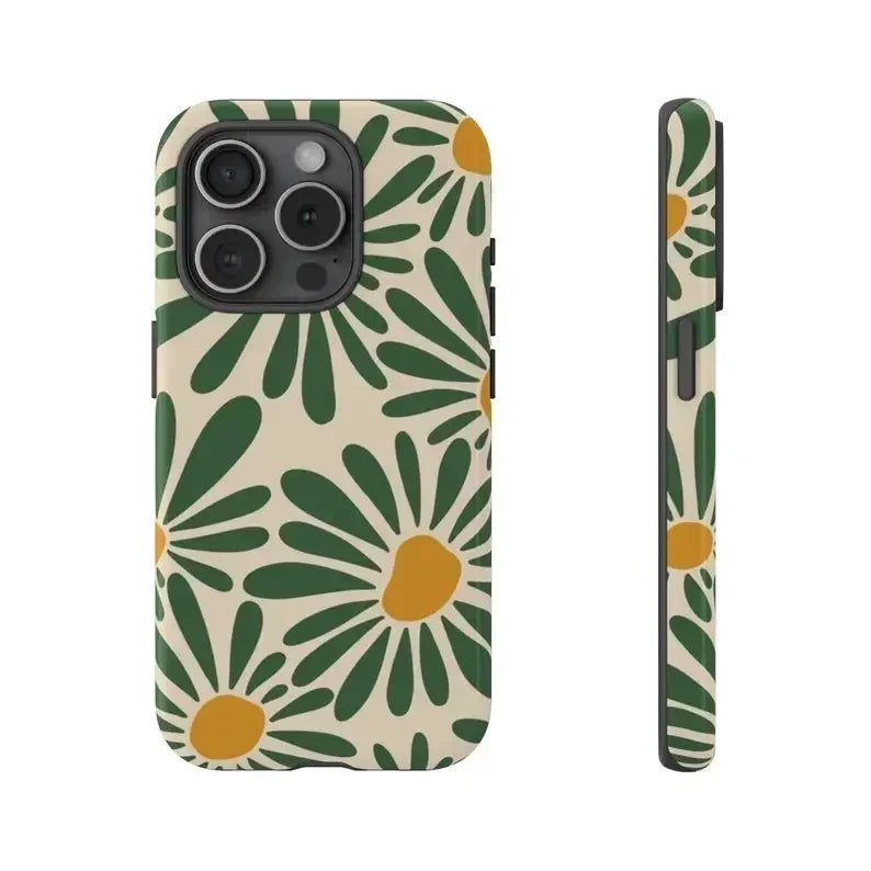 Cute Phone Cases For iPhone16ProMax 15 14 13 12 11 PRO Plus - Green Retro Daisy Floral - Acrylic TPU Cover