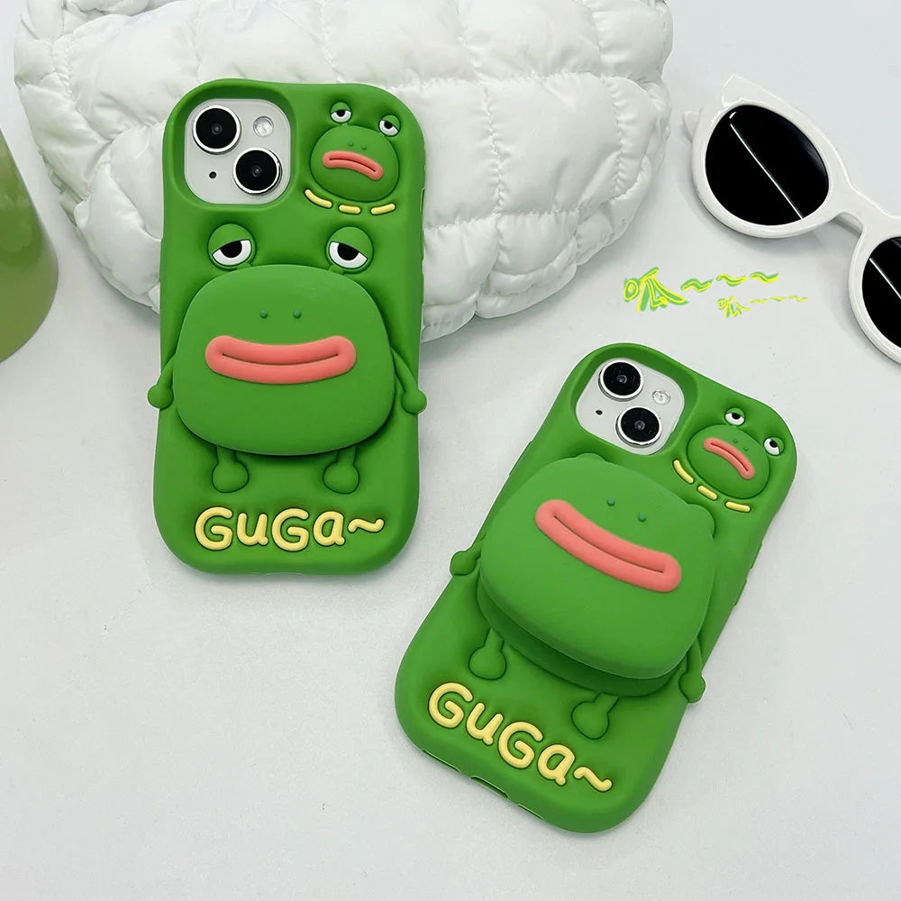 Cute Phone Cases For iPhone 11, 12, 13, 14, and 15 Pro Max - Funny 3D Big Mouth Frog - Hidden Holder - TSP273