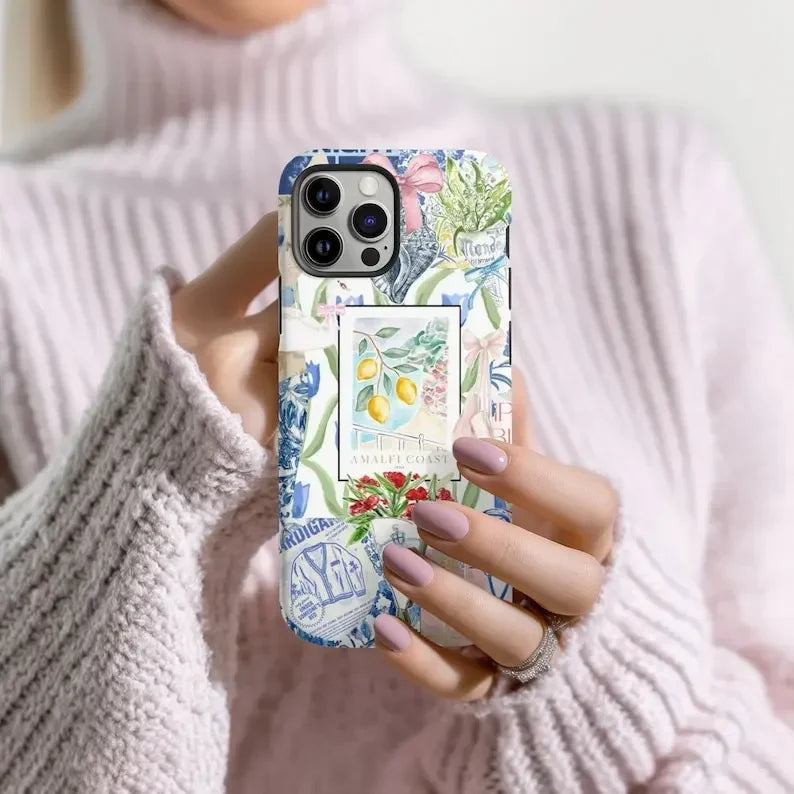 Cute Phone Cases For iPhone 16, 15PRO MAX, 14, 13, 12, 11 PRO, 11 Plus - Blue Flower Collage - Acrylic TPU Cover - PC002