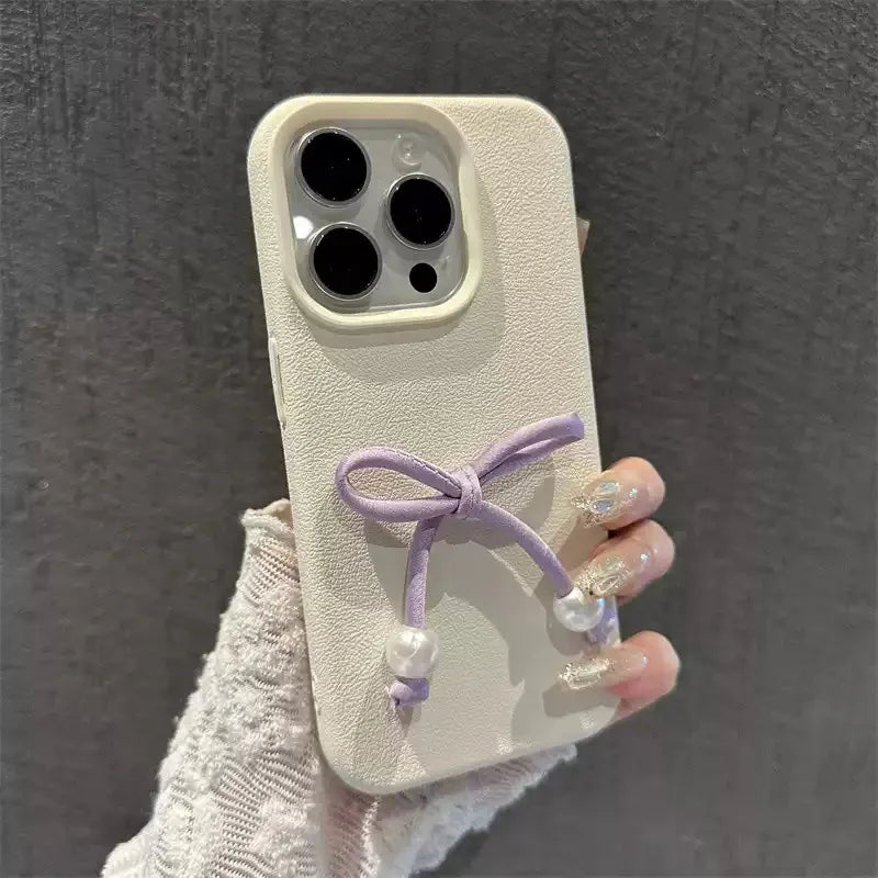 Cute Phone Cases For iPhone 16, 15, 14, 13, 12 Pro, 11 Plus, 11 Pro Max - 3D Pearl Bowknot PU Soft Cover - PC0220