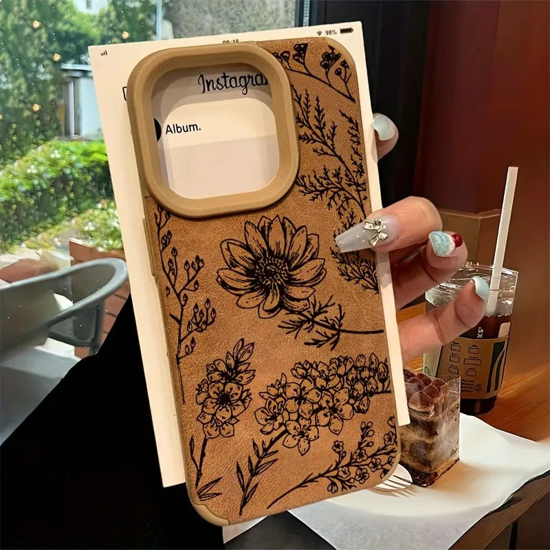 Cute Phone Cases For iPhone 16 15 14 13 12 11 Pro XS Max XR X 15 Plus 16 Pro Max - Line Flower Sunflower Pattern - Leather Matte Cover