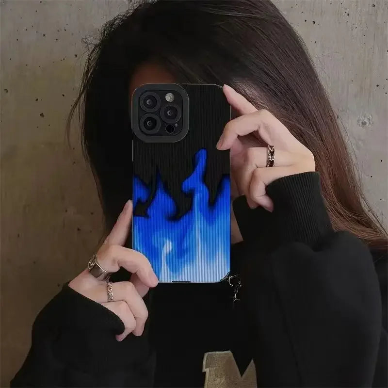 Cute Gradient Blue Fire Phone Case for iPhone 16, 15, 14, 13, 11, 12 Pro, XS Max, Mini, 6, 7, 8 Plus, X, XR - Cover