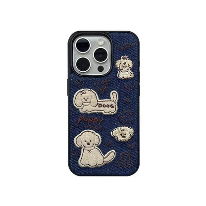 Cute Phone Cases For iPhone 16 Pro Max, 15, 13, 14, 12, 11 - Cartoon Embroidered Dog - Fabric Back Cover - PC9410 - Touchy Style