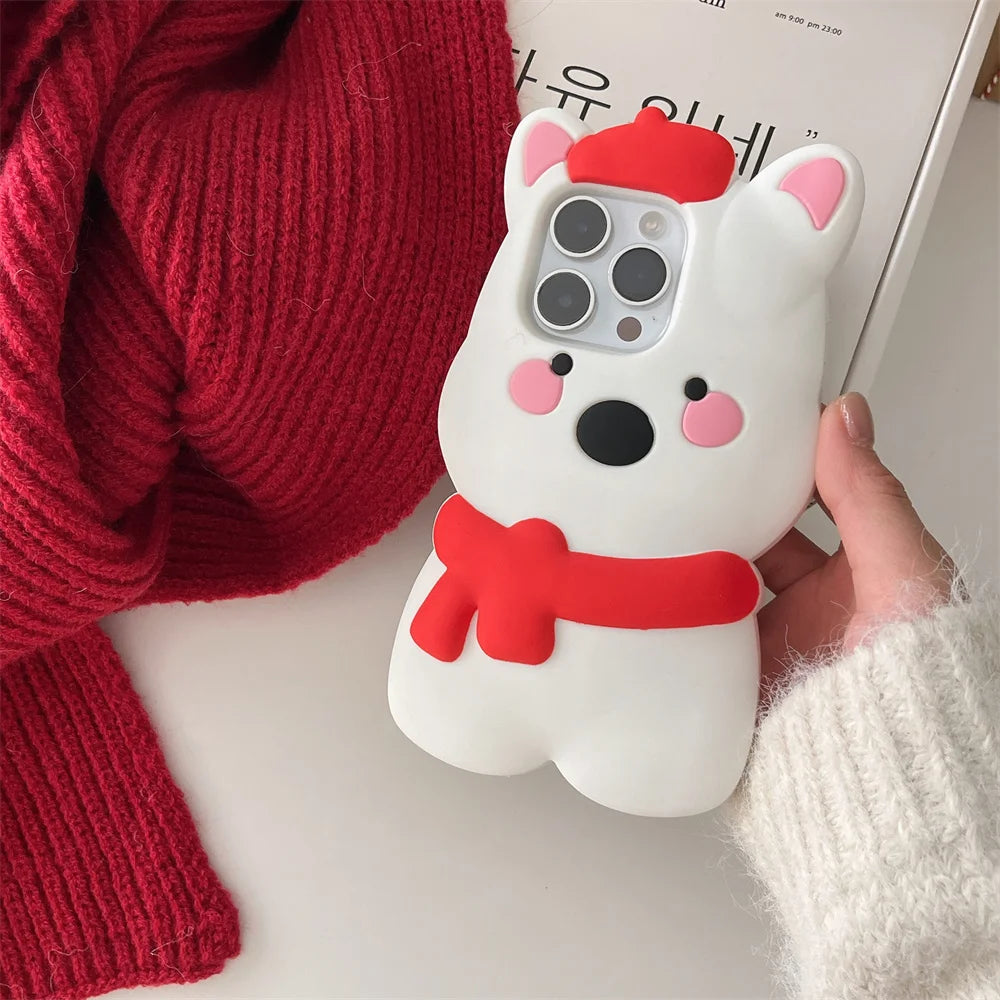 Cute Phone Cases For iPhone 16, 15, 14, 13, 11, 12 Pro Max - Funny 3d Plush Penguin and Puppy Silicone Cover - IC1021