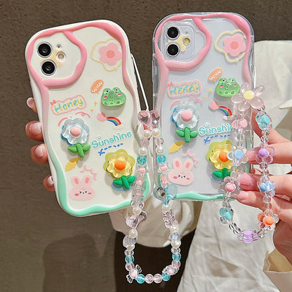 TSP181-B Cute Phone Cases For iPhone 15, 14, 13 Pro Max - With Cartoon Bracelet Chain, Transparent Cover