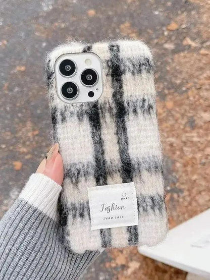 TSP80 Cute Phone Cases For iPhone 15, 11, 14 Pro Max, and 13, 12 - Stylish Woolen Plush Plaid Cover