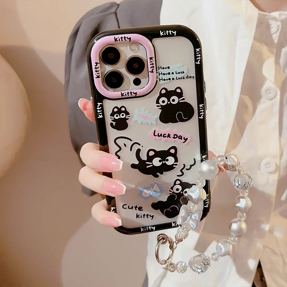 Cute Phone Cases For iPhone 16, 15, 14, 13, 12, 11 Pro Max, Xr, 16 Plus - Funny Black Cat Cartoon Cover with Wristchain - IC9420 - Touchy Style