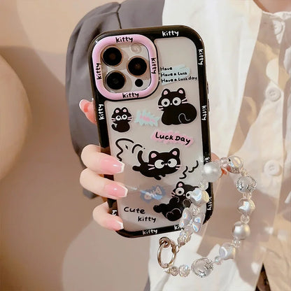 Cute Phone Cases For iPhone 16, 15, 14, 13, 12, 11 Pro Max, Xr, 16 Plus - Funny Black Cat Cartoon Cover with Wristchain - IC9420