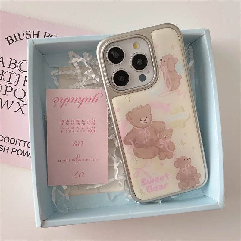 Cute Phone Cases For iPhone 16, 15, 14, 13 Pro Max - Silver Border, Cartoon Fairy Pink Bow Bear - Drip Glue Cover - CC0440 - Touchy Style