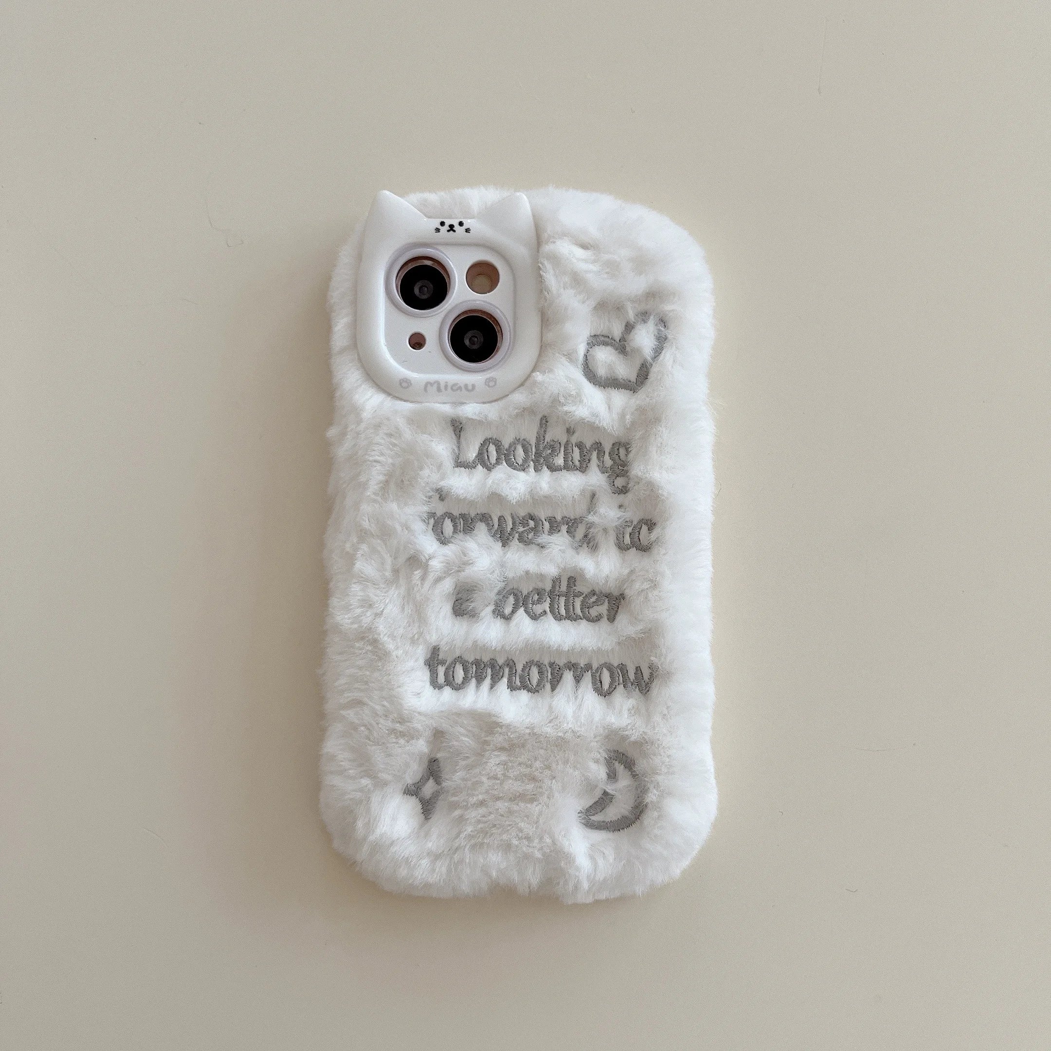 Cute Phone Cases For iPhone 16, 15, 14, 13 Pro Max - Pink &amp; White Fluffy with English Letter - Cat Ear Lens Frame - PC5330