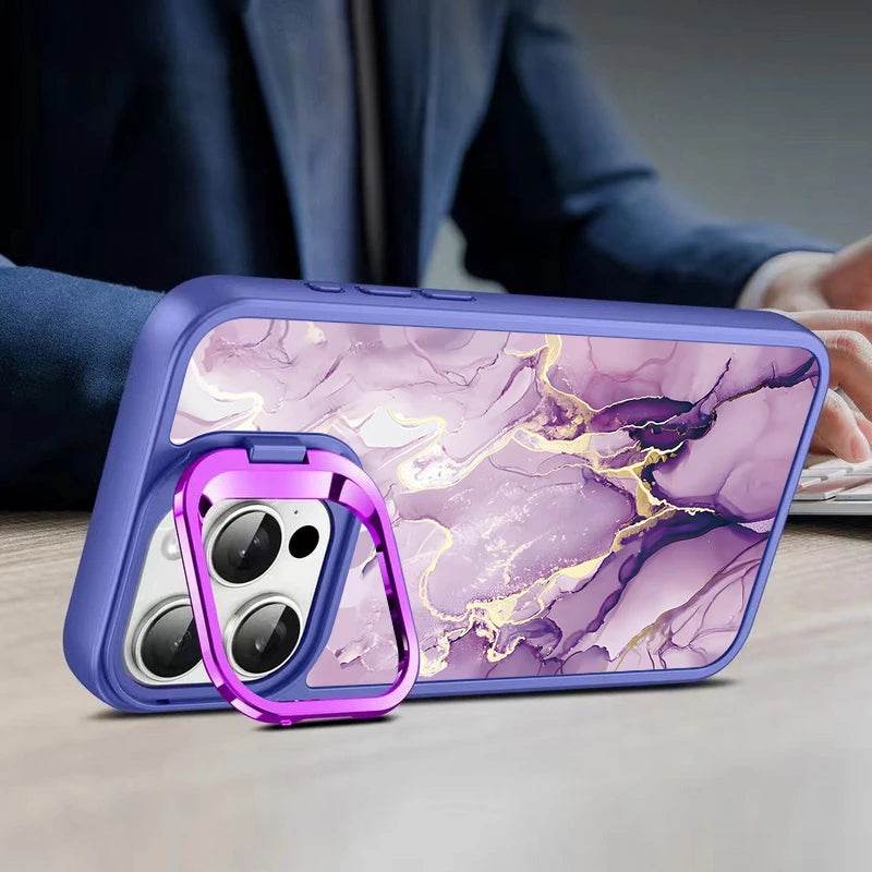 Cute Phone Cases For iPhone 16, 15 Pro Max, 14, 15 Plus, 13, 12 Pro Max, 11 - Lens Frame Holder - Purple Marble Printed Cover - PC6120 - Touchy Style