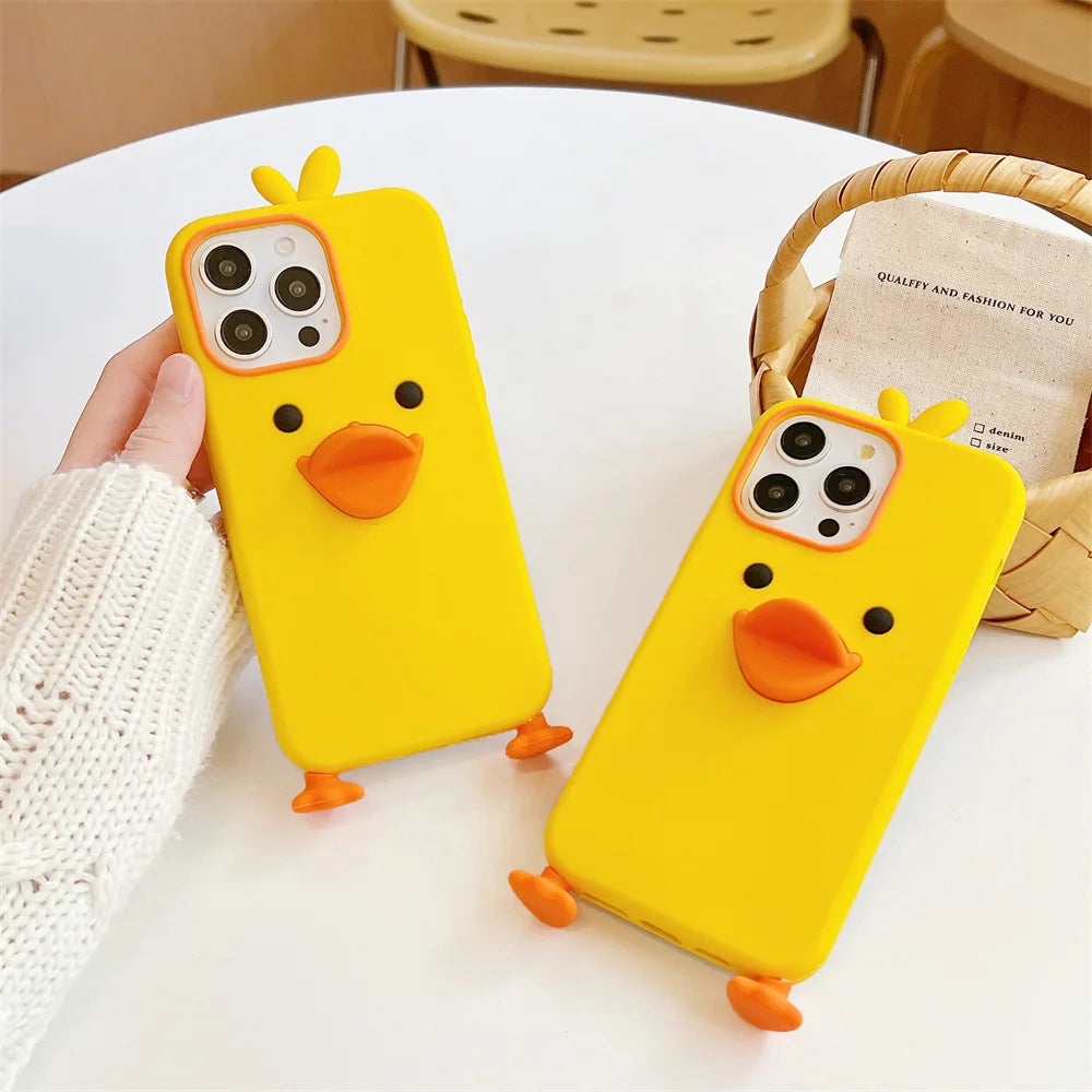 Cute Phone Cases For iPhone 16, 15, 14, 13, 12Mini, 11 Pro Max, 11 Plus, X, XR, XS - Soft Silicone 3d Little Yellow Duck - IC8021