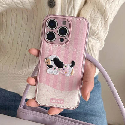 Cute Phone Cases For iPhone 16, 15, 13, 14 Pro Max - Pink Cartoon Dog Puppy - Soft Leather Cover - PC4421 - Touchy Style