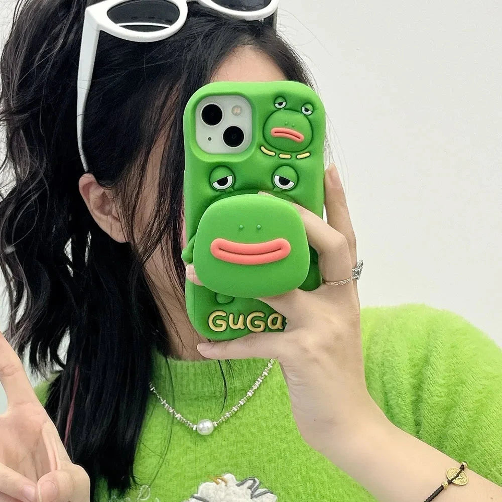 Cute Phone Cases For iPhone 11, 12, 13, 14, and 15 Pro Max - Funny 3D Big Mouth Frog - Hidden Holder - TSP273