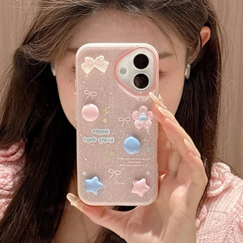 Cute Phone Cases For iPhone 16 Pro Max, 15, 14, 13 - 3D Stars Flowers Shining Back Cover Shell - PC1121 - Touchy Style