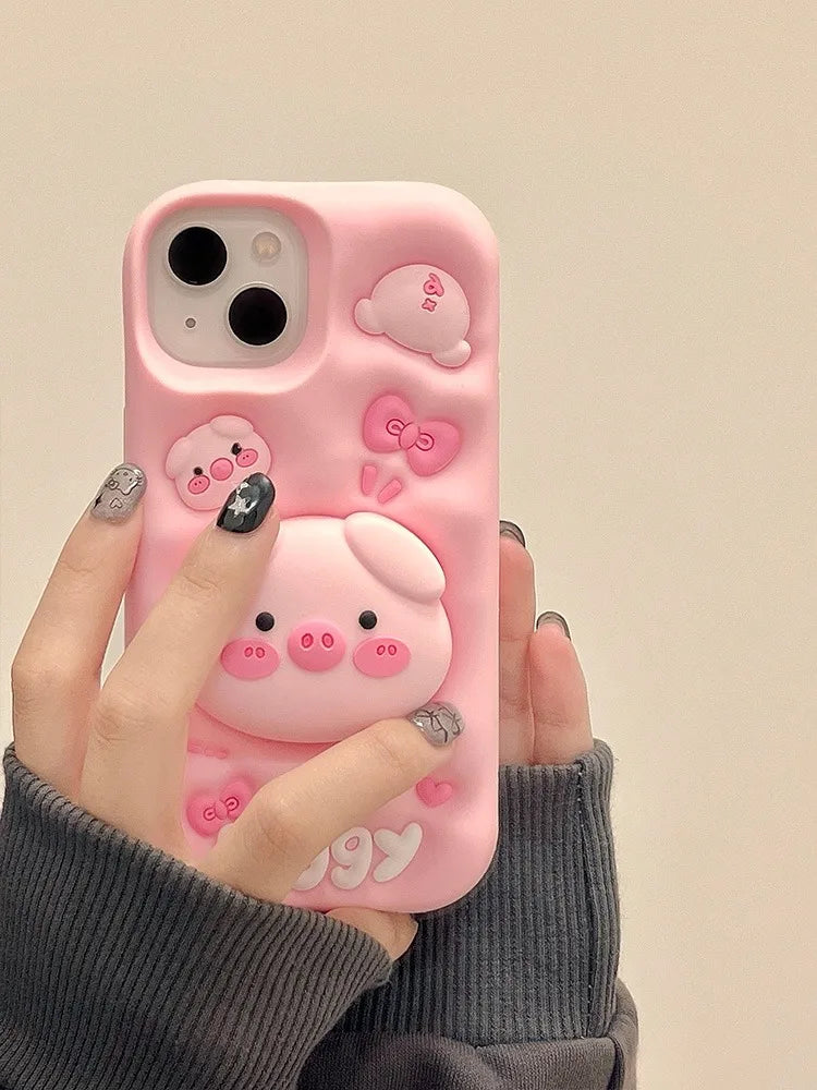 Cute Phone Cases for iPhone 15 Pro Max, 14, 13, 12, and 11 - Funny Pig Piggy, Telescopic Bracket - TSP284