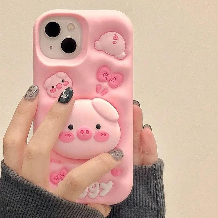 Cute Phone Cases for iPhone 15 Pro Max, 14, 13, 12, and 11 - Funny Pig Piggy, Telescopic Bracket - TSP284