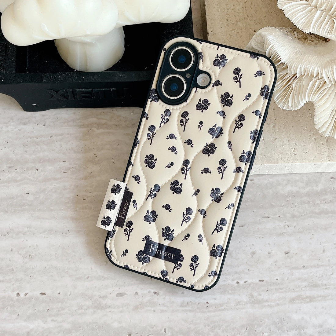 Cute Phone Cases for iPhone 16, 15, 14, 13 Pro Max - Winter Vibe Cotton Stuffed Black Roses Pattern - Chic Back Cover - PC1320