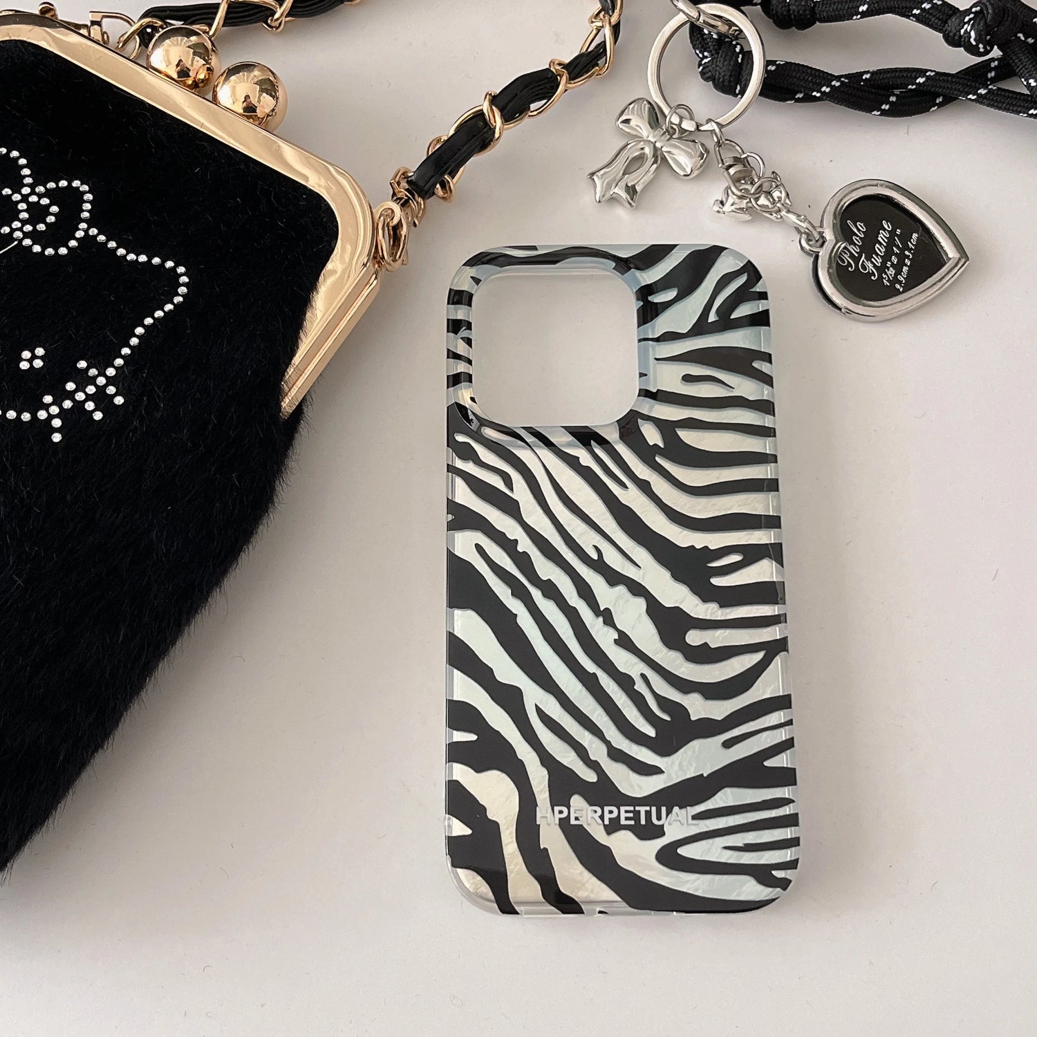 Cute Phone Cases iPhone 16, 15, 14, 13 Pro Max - Double Layers Zebra Pattern - Black Heart Wrist Chain - PC1420