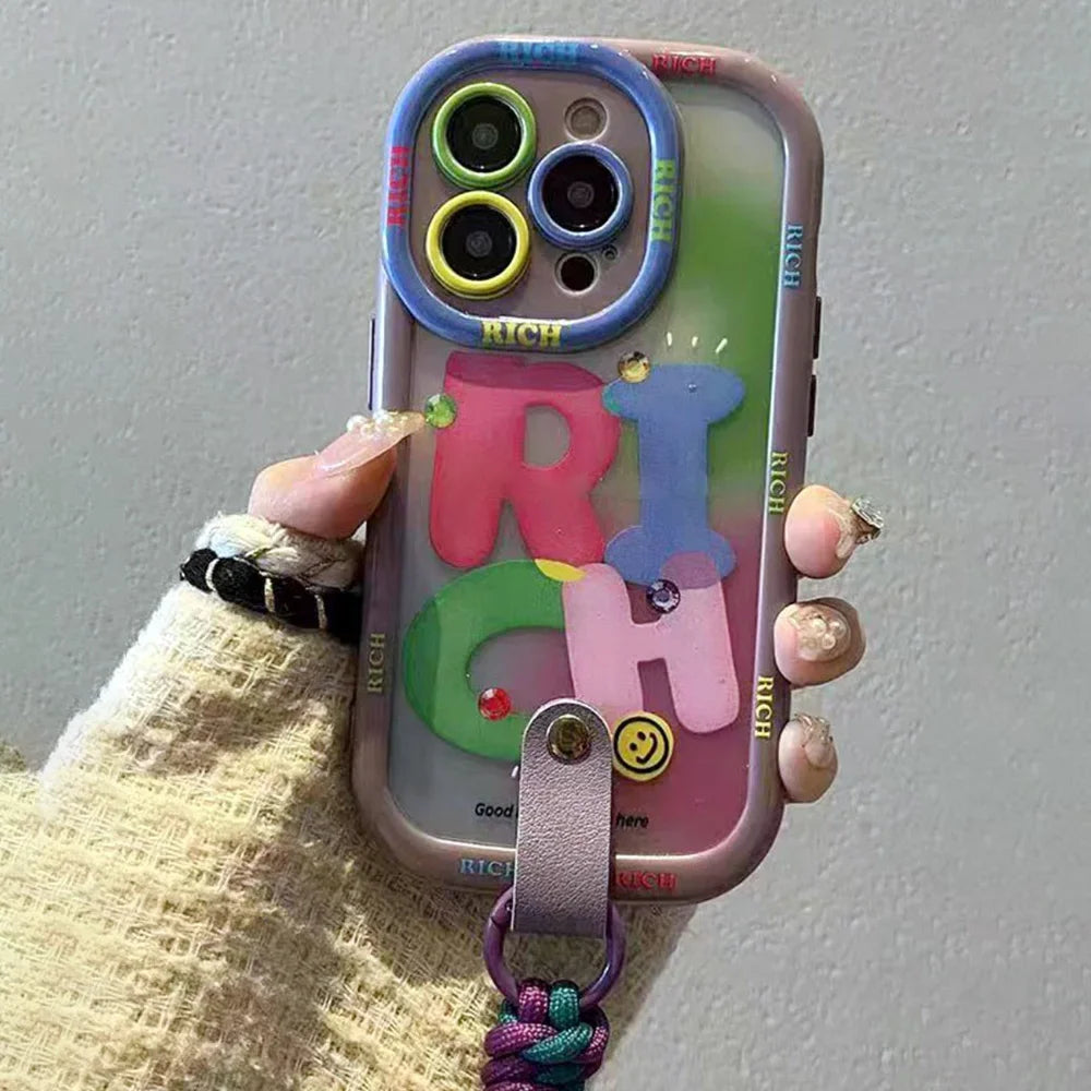 Cute Phone Cases for iPhone 16, 15, 14, 13, 12, and 11 Pro Max with Wrist Chain - Rich Contrast Color - TSP484