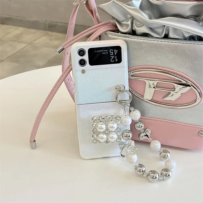 Cute phone Cases For Galaxy Z Flip 5 3 4 - Luxury Pearl Rhinestone Glitter Laser Cover with Wristchain - C5220