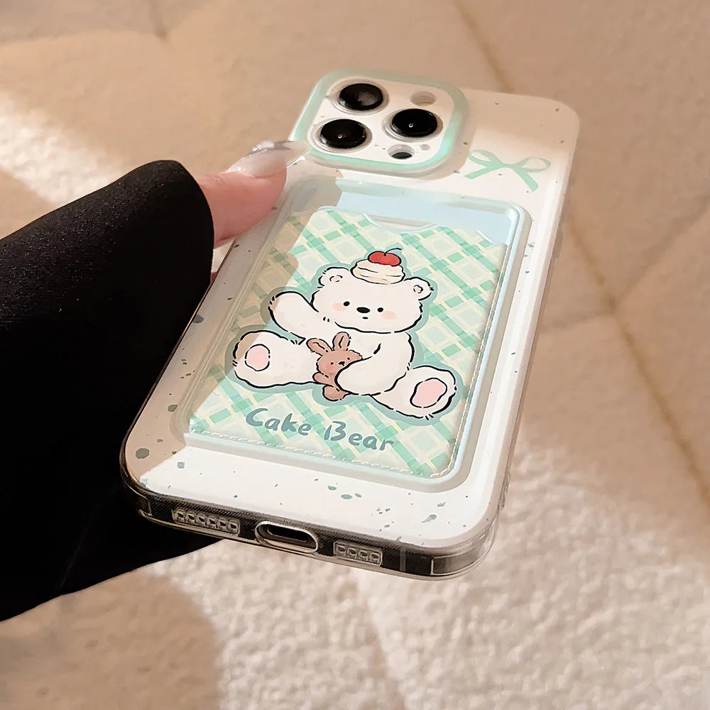 Cute Phone Cases For iPhone 16, 15, 14, 13 Pro Max, Xr, 15, 14, 16 Plus - Cherry Cake Bear Doll - Green plaid Photo Card Holder - IC5320